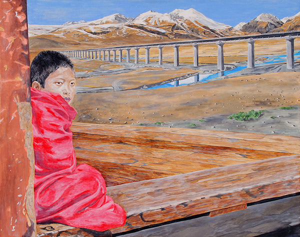 Child in red Coat sitting on the ground in front of tibet landscape with railroad